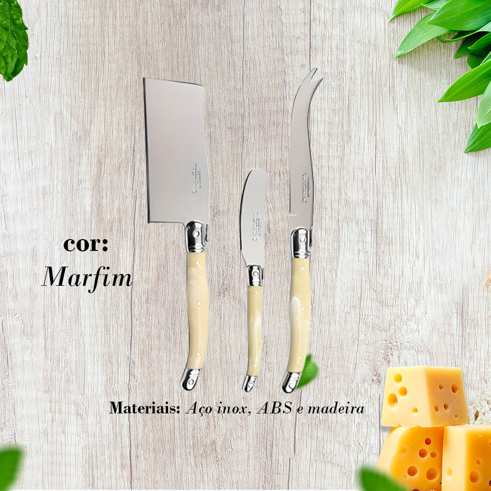 Conjunto De 3 Facas De Luxo Para Queijo Em Bandeja De Madeira, Marfim