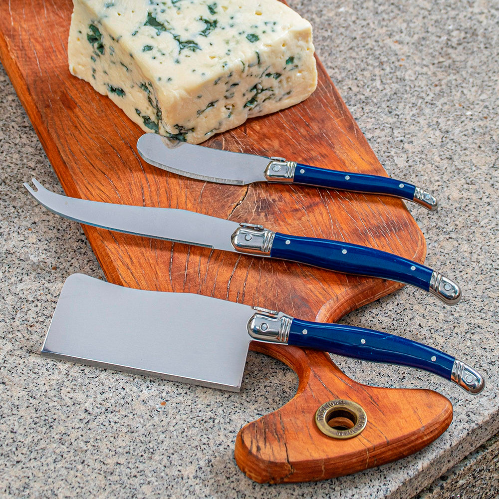 Conjunto De 3 Facas De Luxo Para Queijo Em Bandeja De Madeira, Azul