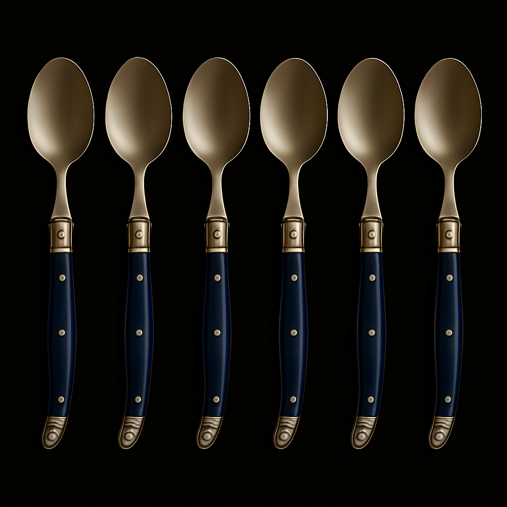 Conjunto De 6 Colheres Sobremesa Laguiole Luxo Em Bandeja De Madeira, Azul