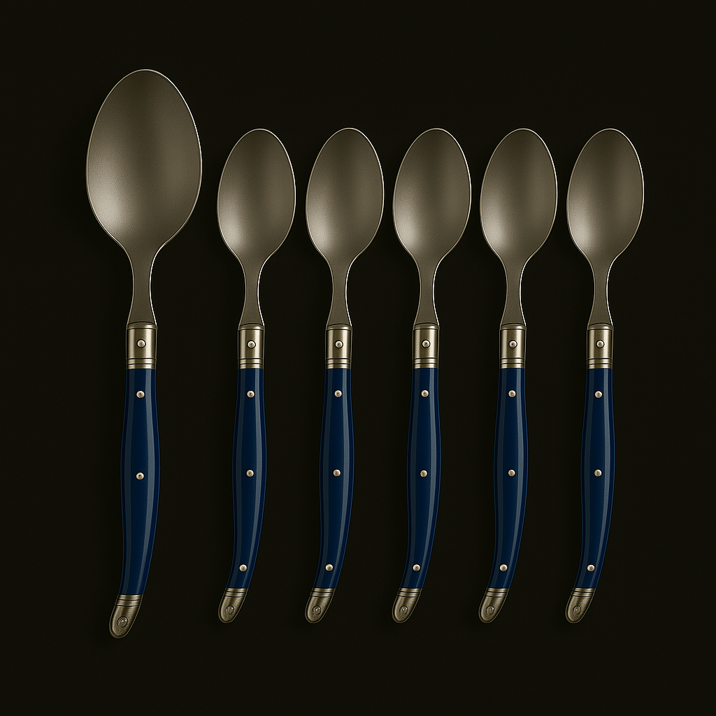 Conjunto De 6 Colheres Laguiole Luxo Em Bandeja De Madeira, Azul
