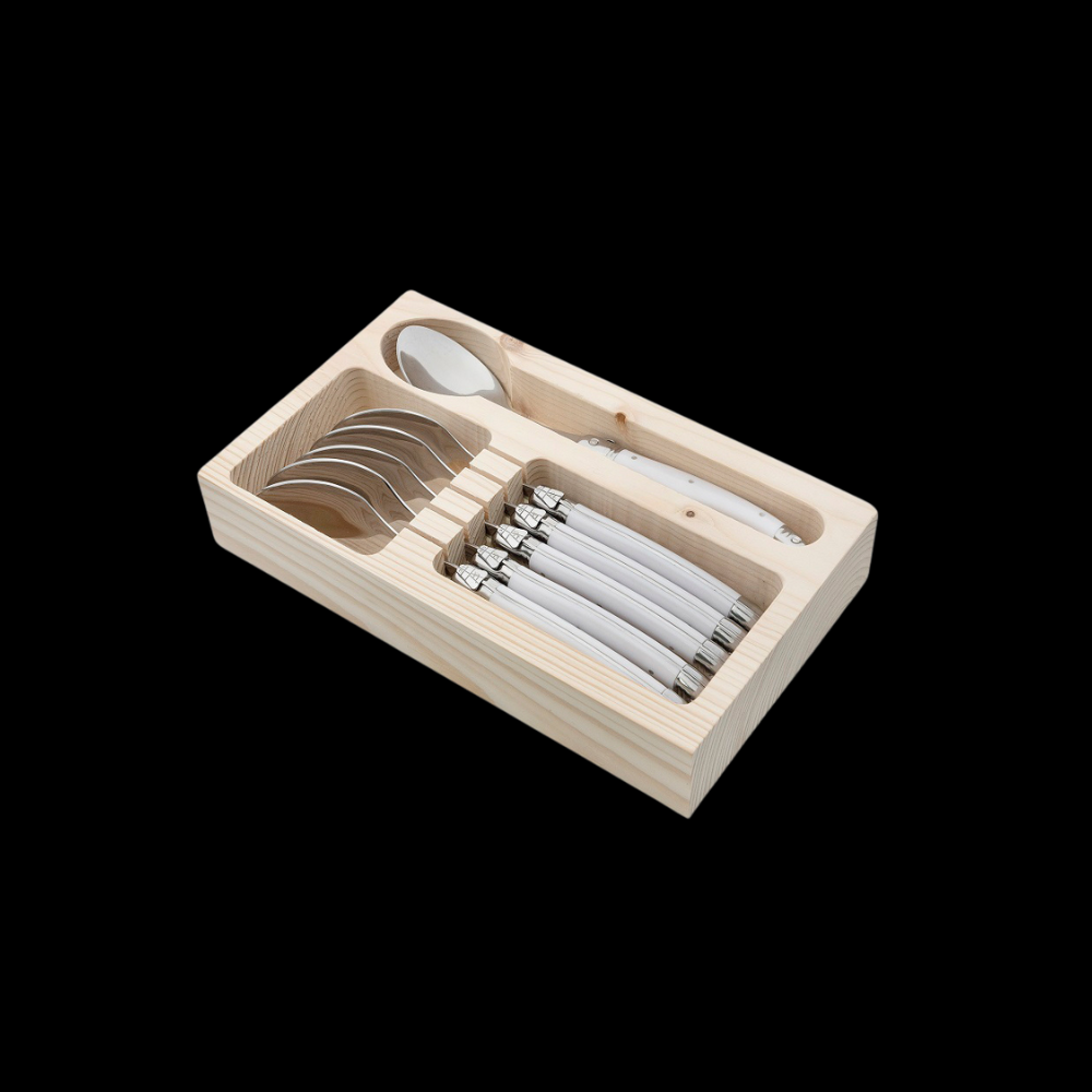 Conjunto De 6 Colheres Laguiole Luxo Em Bandeja De Madeira, Branco Laguiole