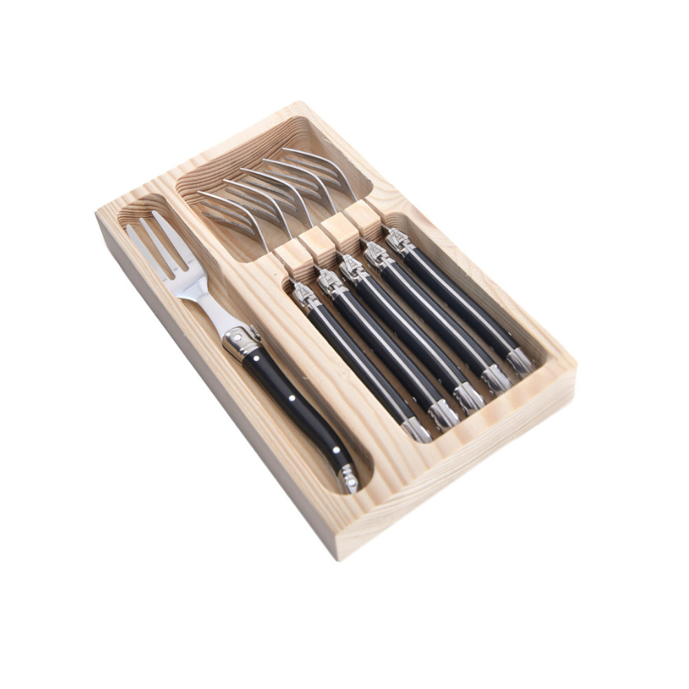 Conjunto De 6 Garfos Sobremesa Laguiole Luxo Em Bandeja De Madeira, Preto Laguiole