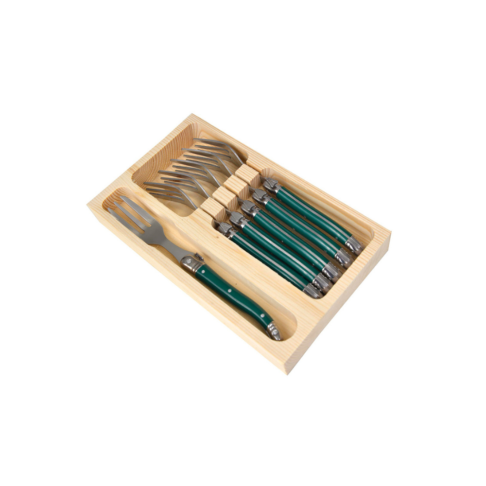 Conjunto De 6 Garfos Sobremesa Laguiole Luxo Em Bandeja De Madeira, Verde Laguiole