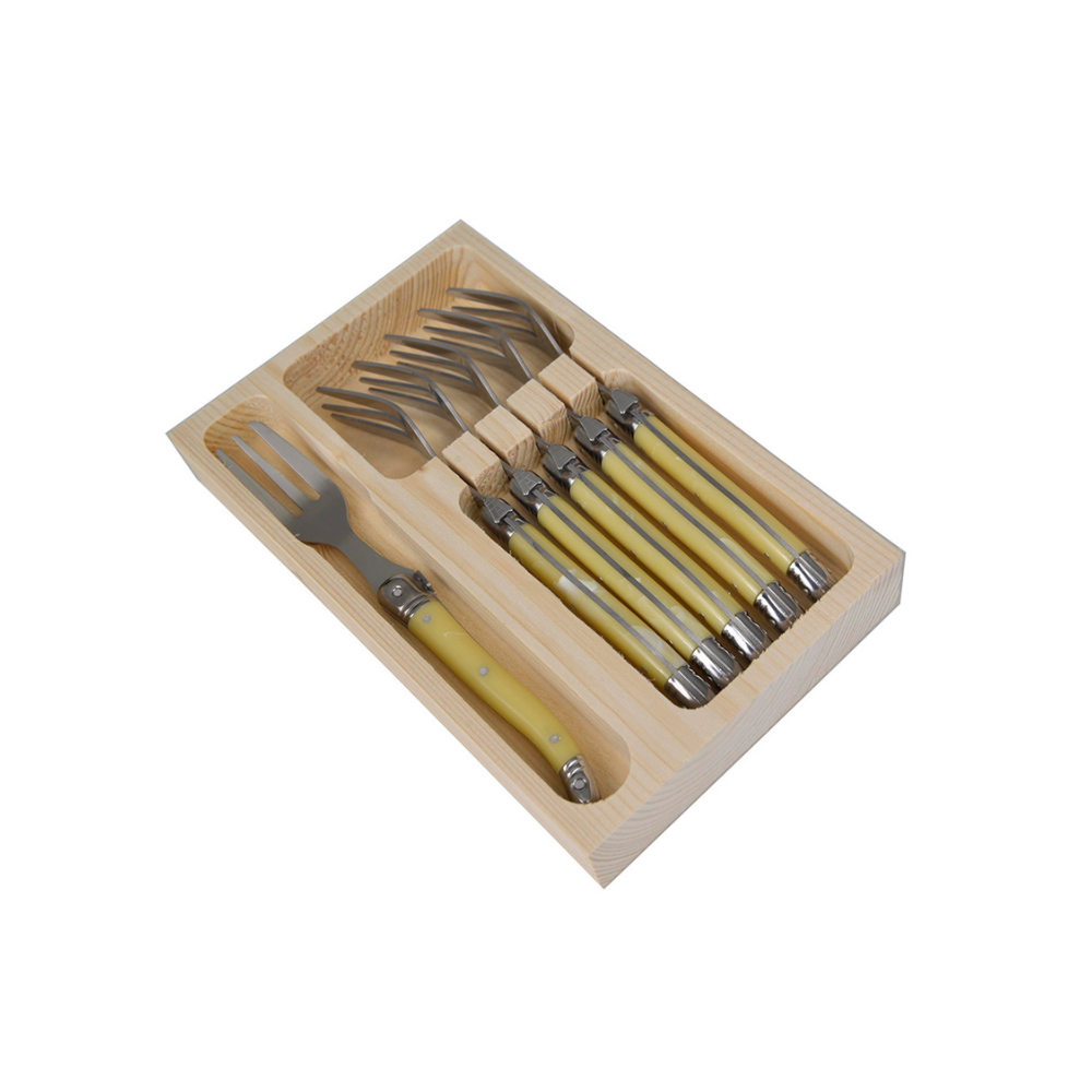 Conjunto De 6 Garfos Sobremesa Laguiole Luxo Em Bandeja De Madeira, Marfim Laguiole