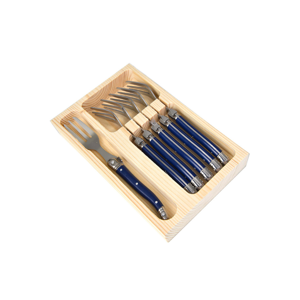 Conjunto De 6 Garfos Sobremesa Laguiole Luxo Em Bandeja De Madeira, Azul Laguiole