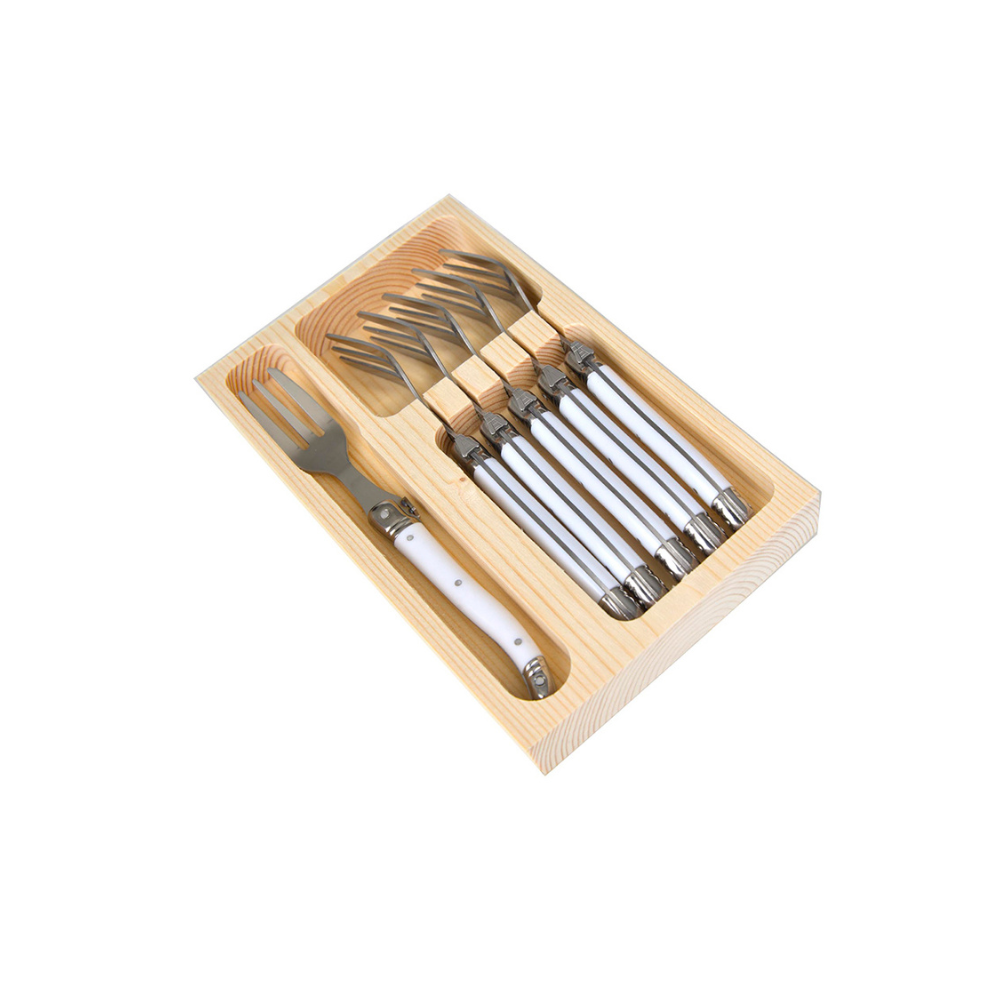 Conjunto De 6 Garfos Sobremesa Laguiole Luxo Em Bandeja De Madeira, Branco Laguiole