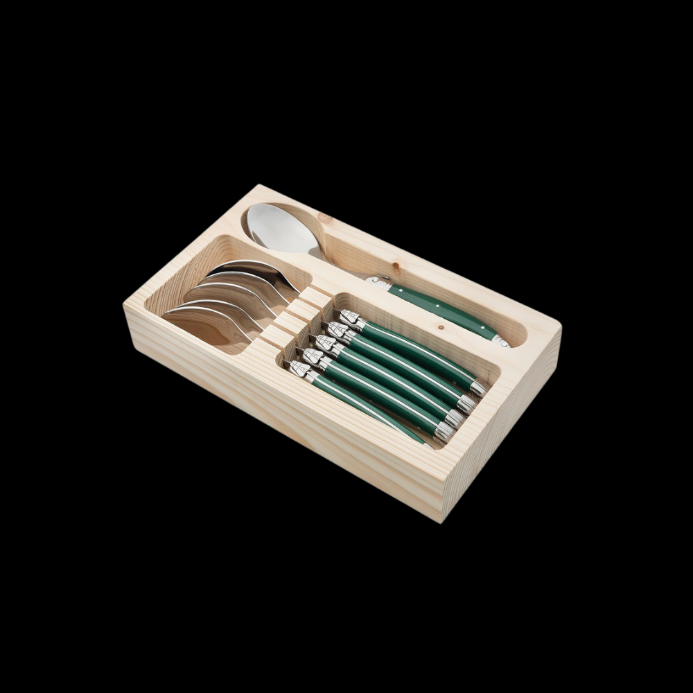 Conjunto De 6 Colheres Laguiole Luxo Em Bandeja De Madeira, Verde Laguiole