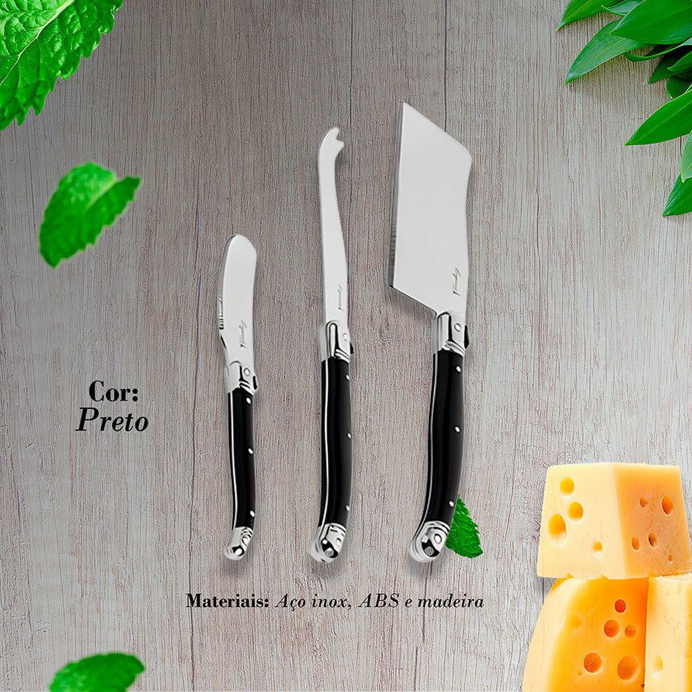Conjunto De 3 Facas De Luxo Para Queijo Em Bandeja De Madeira, Preto