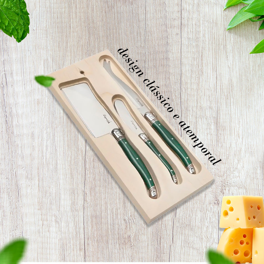 Conjunto De 3 Facas De Luxo Para Queijo Em Bandeja De Madeira, Verde