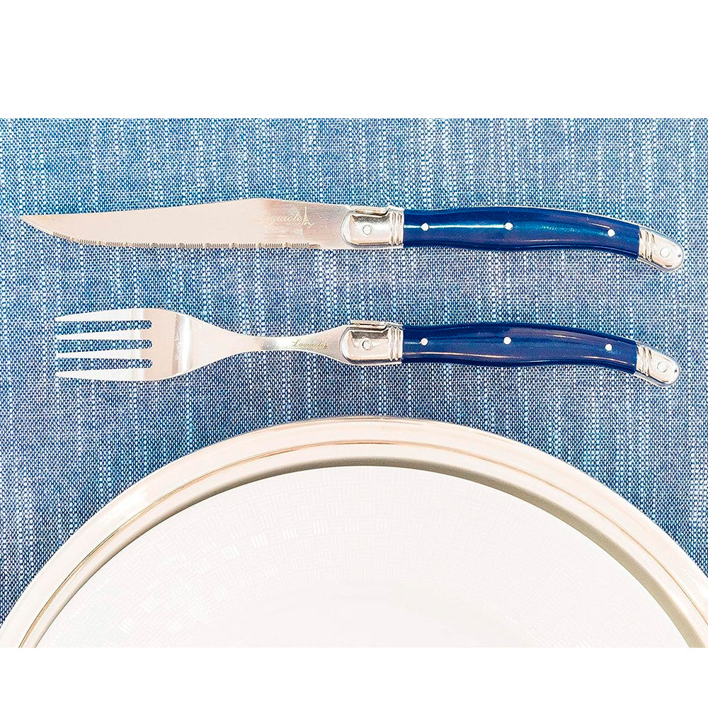 Conjunto De 6 Garfos Laguiole Luxo Em Bandeja De Madeira, Azul
