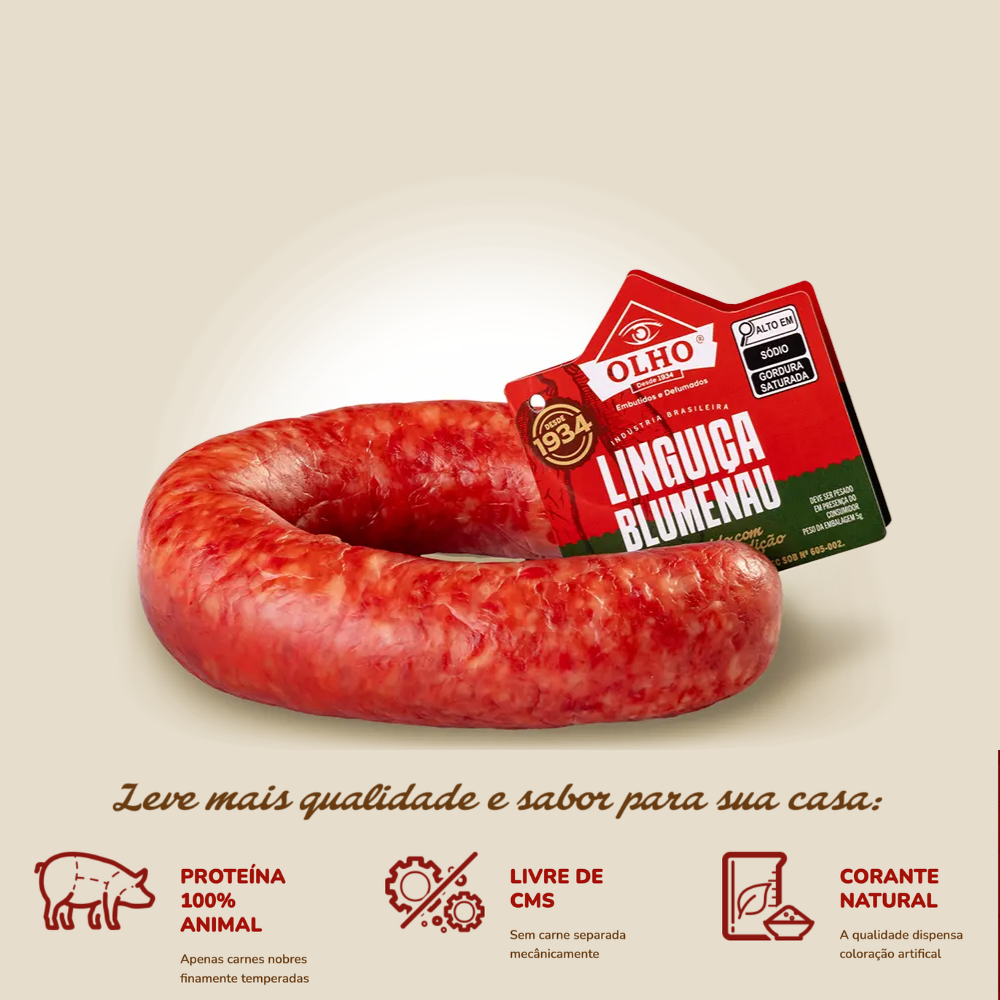 Linguiça Blumenau Pura Olho Defumada 3 Unidades (1kg)