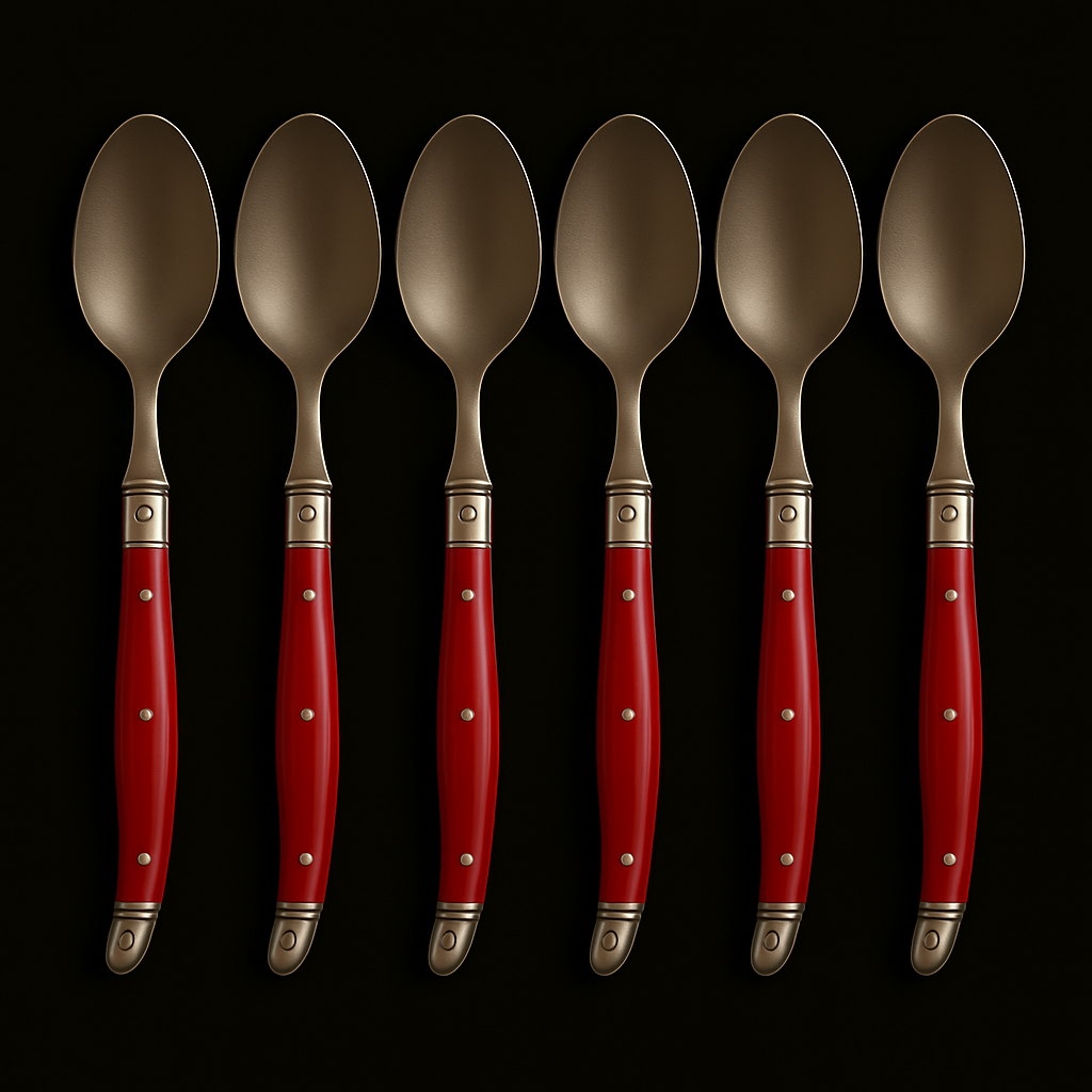 Conjunto De 6 Colheres Sobremesa Laguiole Luxo Em Bandeja De Madeira, Vermelho