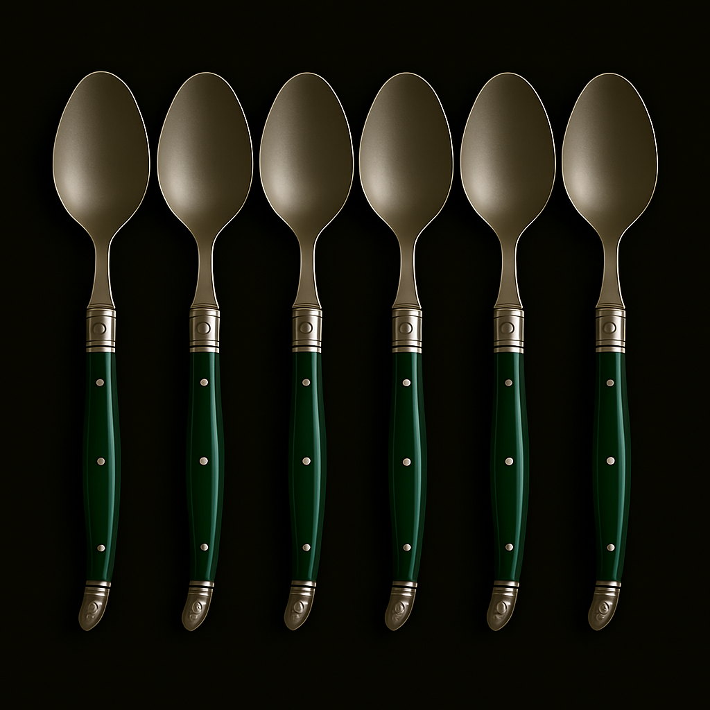 Conjunto De 6 Colheres Sobremesa Laguiole Luxo Em Bandeja De Madeira, Verde