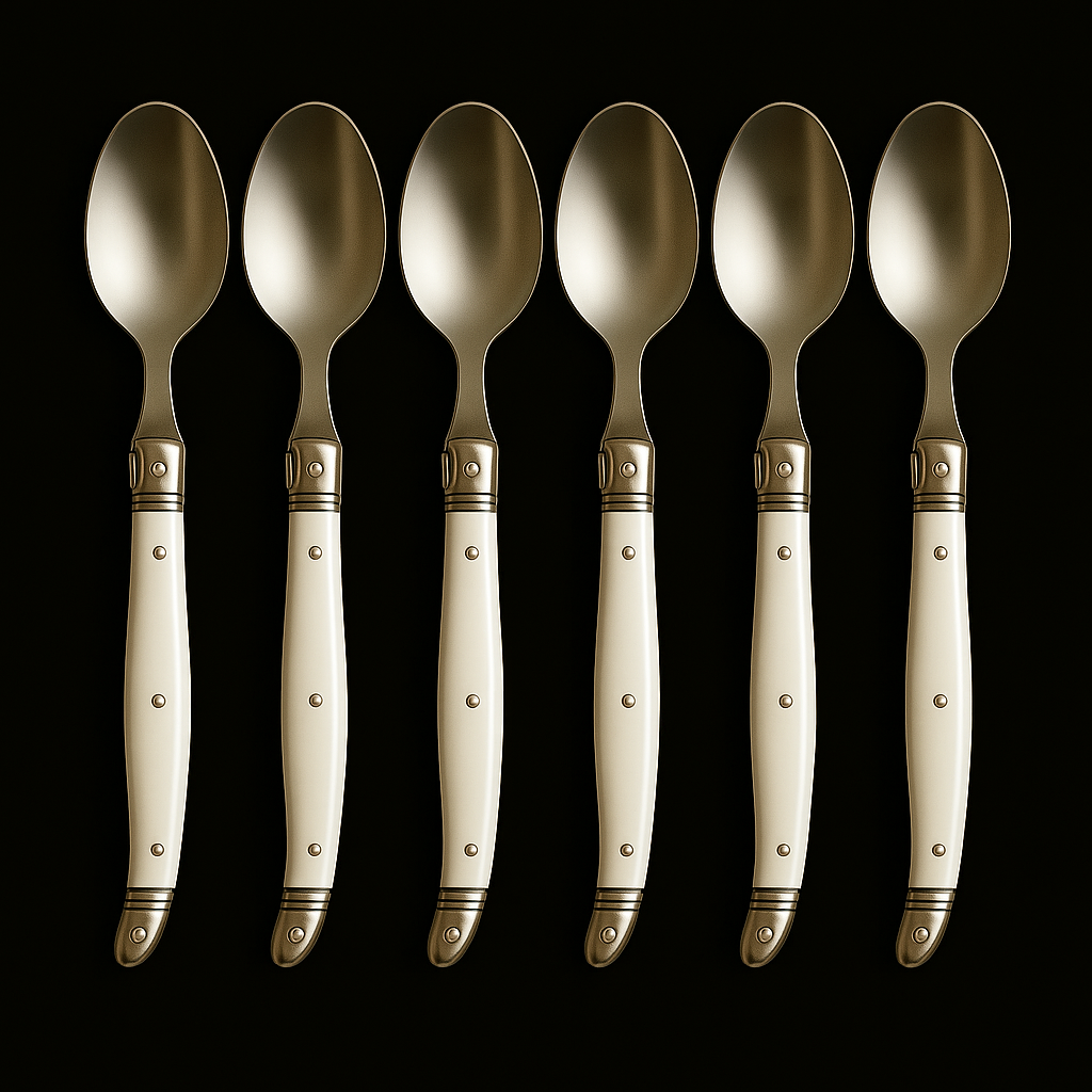 Conjunto De 6 Colheres Sobremesa Laguiole Luxo Em Bandeja De Madeira, Branco