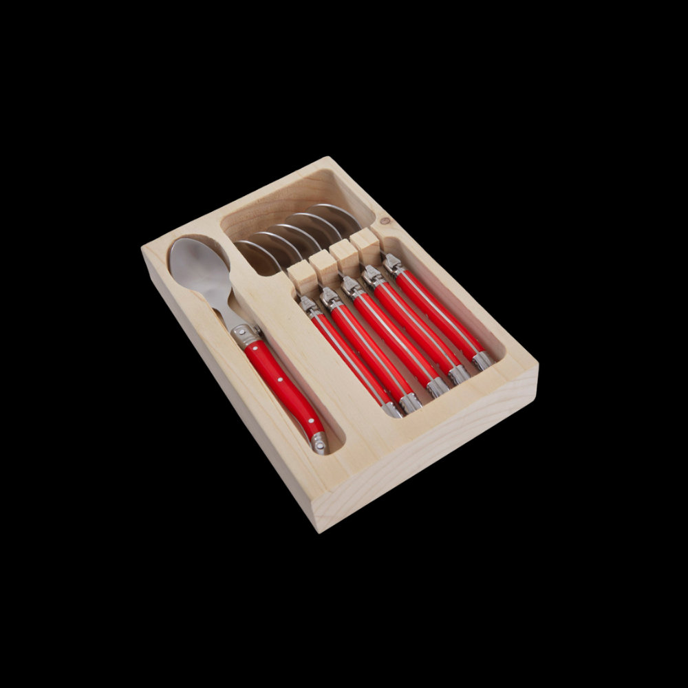 Conjunto De 6 Colheres Sobremesa Laguiole Luxo Em Bandeja De Madeira, Vermelho