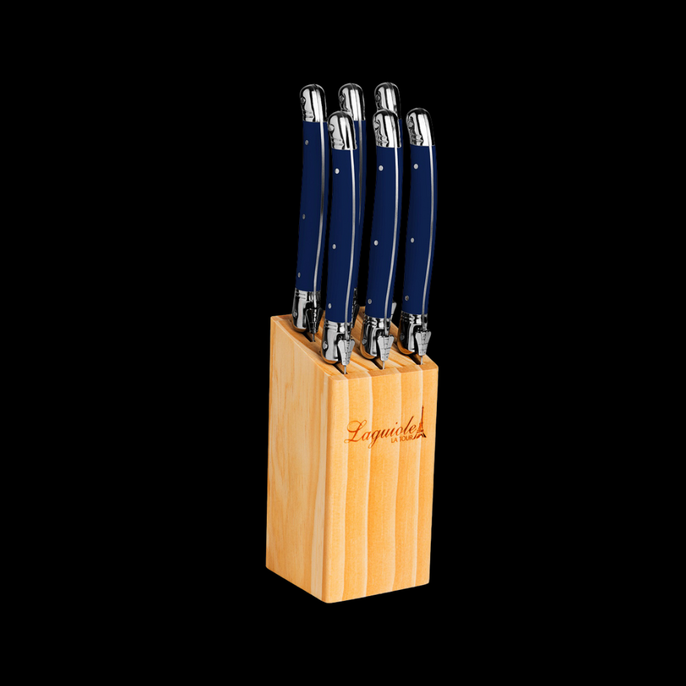 Conjunto De 6 Facas Luxo Com Cepo De Madeira, Azul