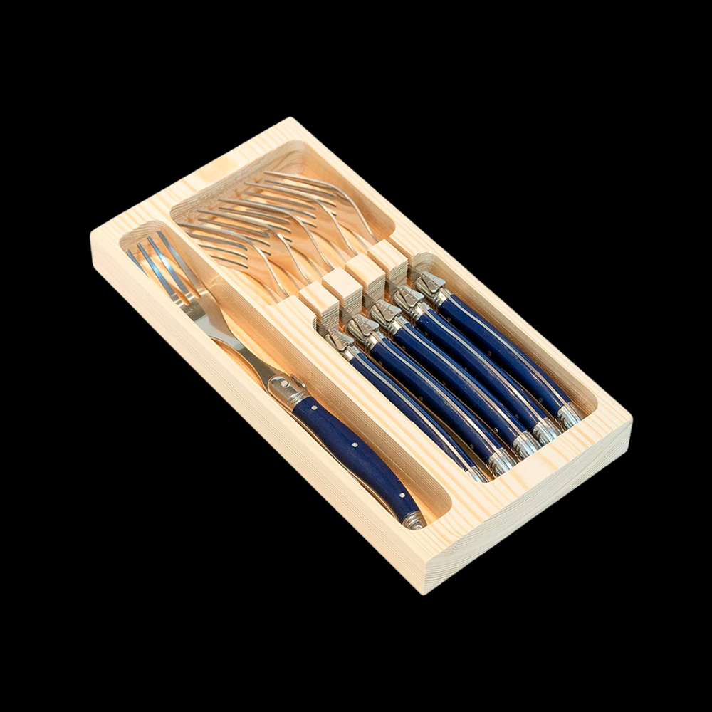 Conjunto De 6 Garfos Laguiole Luxo Em Bandeja De Madeira, Azul